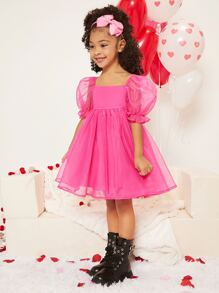 SHEIN 年轻女孩公主领泡泡袖欧根纱拼布连衣裙，适合表演、婚礼、派对和生日