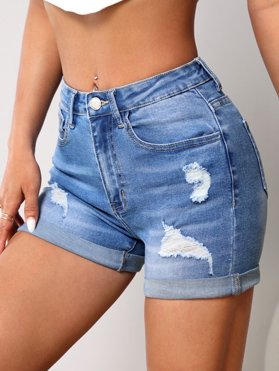 SHEIN PETITE Ripped Roll Up Hem Denim Shorts - Medium Wash - View 1