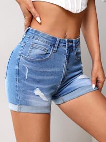 SHEIN PETITE Ripped Roll Up Hem Denim Shorts - Medium Wash - View 4