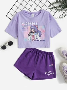 SHEIN 女孩人物和字母圖案T恤和短褲