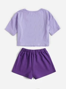 SHEIN 女孩人物和字母圖案T恤和短褲