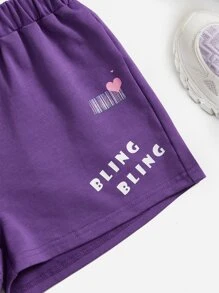 SHEIN 女孩人物和字母圖案T恤和短褲