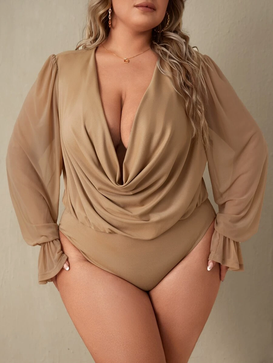 SHEIN SXY Plus Draped Collar Flounce Sleeve Bodysuit - Khaki - View 1