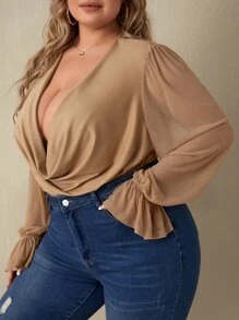 SHEIN SXY Plus Draped Collar Flounce Sleeve Bodysuit - Khaki - View 3