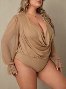 SHEIN SXY Plus Draped Collar Flounce Sleeve Bodysuit - Khaki - View 4