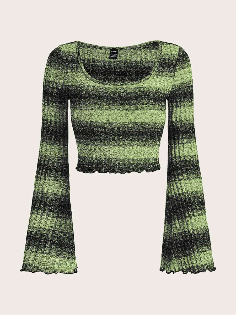 SHEIN ICON Áo thun nữ Xù nhỏ Khối Màu Sọc Giải trí - màu xanh lá - Xem 1