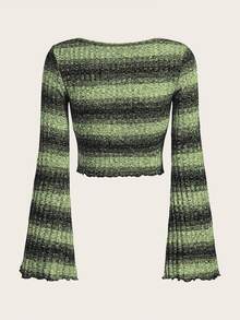 SHEIN ICON Áo thun nữ Xù nhỏ Khối Màu Sọc Giải trí - màu xanh lá - Xem 2