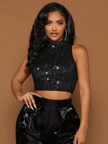 SHEIN SXY Mock Neck Sequin Tank Top - Black - View 1