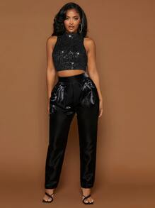 SHEIN SXY Mock Neck Sequin Tank Top - Black - View 3