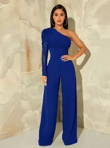 SHEIN SXY One Shoulder Contrast Mesh Puff Sleeve Jumpsuit - Blue - View 1