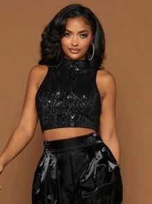 SHEIN SXY Mock Neck Sequin Tank Top - Black - View 4