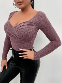 SHEIN SXY 雞心領口交叉圍裹T恤 - 淡紫色 - 查看 3