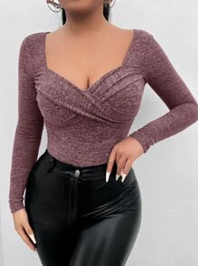 SHEIN SXY 雞心領口交叉圍裹T恤 - 淡紫色 - 查看 5