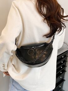 Túi yên xe có khóa kéo trang trí xích, sử dụng đi lại hàng ngày, du lịch, nghỉ dưỡng, ngoài phố, khóa kéo màu đen, khóa kéo bằng kim loại, chất liệu PU, họa tiết, dây đeo rộng, khóa kéo bằng kim loại - màu đen - Xem 2