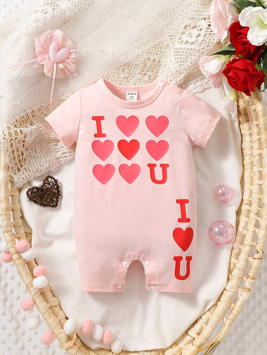 Baby Heart & Letter Graphic Romper - Baby Pink - View 1