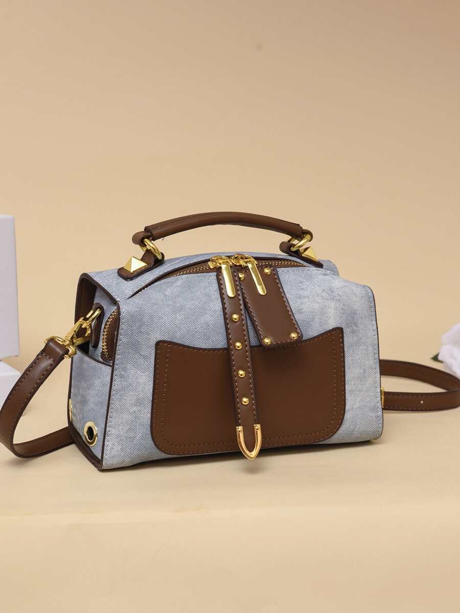 yating 1pc (8.7in*5.1in*4.3in) Vintage Color-Block Shoulder Handbag, Casual Crossbody Bag With Metal Hardware Decor, Fashion Color-Block Portable Shoulder Bag , Bags Ladies Elegant - Multicolor - View 1