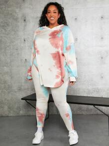 SHEIN CURVE+ Plus Tie Dye Drop Shoulder Split Hem Hoodie & Leggings - Multicolor - View 3