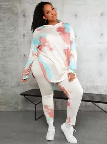 SHEIN CURVE+ Plus Tie Dye Drop Shoulder Split Hem Hoodie & Leggings - Multicolor - View 1