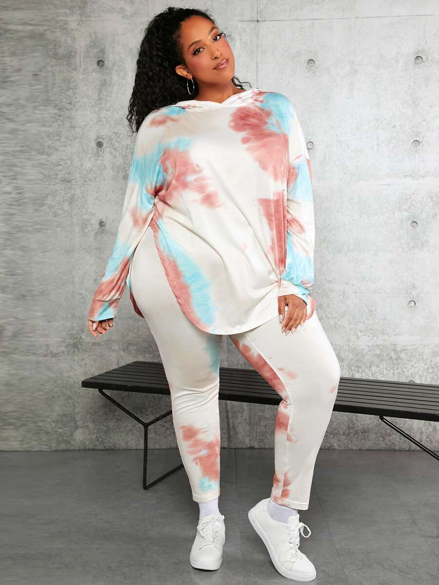 SHEIN CURVE+ Plus Tie Dye Drop Shoulder Split Hem Hoodie & Leggings - Multicolor - View 1