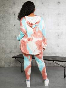 SHEIN CURVE+ Plus Tie Dye Drop Shoulder Split Hem Hoodie & Leggings - Multicolor - View 5
