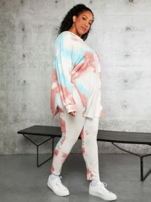 SHEIN CURVE+ Plus Tie Dye Drop Shoulder Split Hem Hoodie & Leggings - Multicolor - View 6