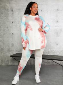 SHEIN CURVE+ Plus Tie Dye Drop Shoulder Split Hem Hoodie & Leggings - Multicolor - View 2
