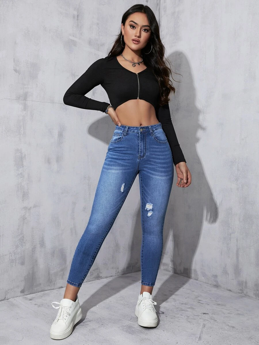 Ripped Skinny Jeans - Medium Wash - View 1