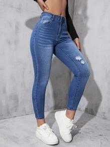Ripped Skinny Jeans - Medium Wash - View 3