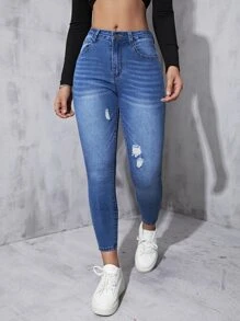 Ripped Skinny Jeans - Medium Wash - View 4