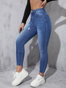 Ripped Skinny Jeans - Medium Wash - View 5
