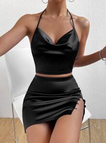 Zolique Draped Front Tie Backless Halter Top & Chain Detail Split Hem Skirt - Black - View 5