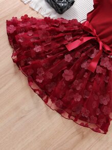 Cô Gái Trẻ Màu Đỏ Sâu Màu thuần 3D Hoa Ngày lễ Vòng cổ Đầm Với Ruffled Cho mùa hè - Màu Đỏ Sâu - Xem 3