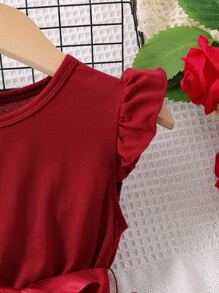 Cô Gái Trẻ Màu Đỏ Sâu Màu thuần 3D Hoa Ngày lễ Vòng cổ Đầm Với Ruffled Cho mùa hè - Màu Đỏ Sâu - Xem 4