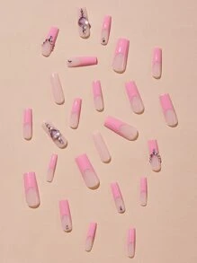 Transform Your Nails With 24pcs Extra Long Coffin Pink French Rhinestone Decor Fake Nail & 1sheet Tape & 1pc Nail File Press On Nails Nail Supplies - Pink - View 2