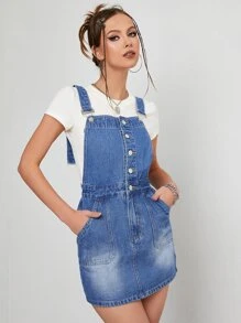 Vestido overol mezclilla con botón delantero sin camiseta - Azul lavado medio - Ver 1