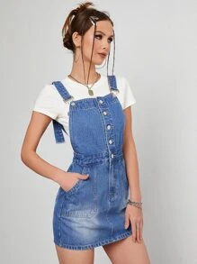 Vestido overol mezclilla con botón delantero sin camiseta - Azul lavado medio - Ver 3