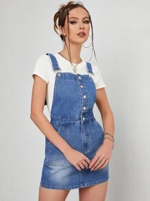 Vestido overol mezclilla con botón delantero sin camiseta - Azul lavado medio - Ver 5