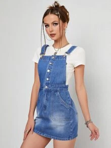 Vestido overol mezclilla con botón delantero sin camiseta - Azul lavado medio - Ver 6