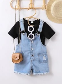 SHEIN Genkimix Kids Toddler Girls Solid Tee & Ripped Raw Cut Denim Dungaree Romper - Multicolor - View 1
