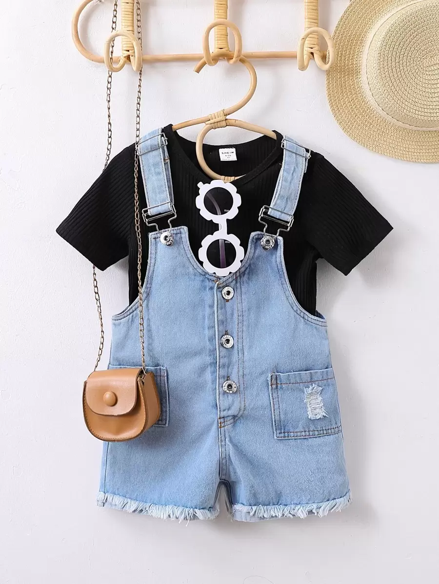 SHEIN Genkimix Kids Toddler Girls Solid Tee & Ripped Raw Cut Denim Dungaree Romper - Multicolor - View 1