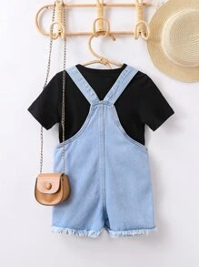 SHEIN Genkimix Kids Toddler Girls Solid Tee & Ripped Raw Cut Denim Dungaree Romper - Multicolor - View 2