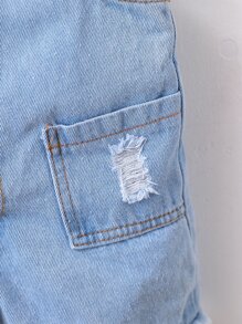 SHEIN Genkimix Kids Toddler Girls Solid Tee & Ripped Raw Cut Denim Dungaree Romper - Multicolor - View 3