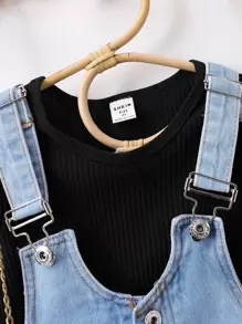 SHEIN Genkimix Kids Toddler Girls Solid Tee & Ripped Raw Cut Denim Dungaree Romper - Multicolor - View 4