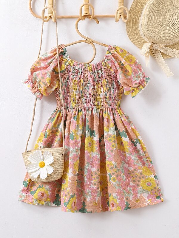 SHEIN Kids SUNSHNE Toddler Girls Allover Floral Print Puff Sleeve