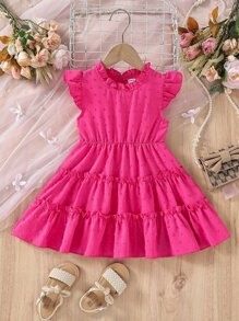 Young Girl Swiss Dot Ruffle Sleeve Layered Hem Dress - Hot Pink - View 1