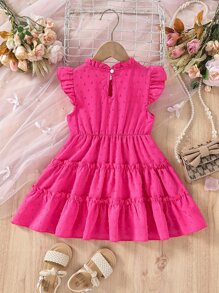 Young Girl Swiss Dot Ruffle Sleeve Layered Hem Dress - Hot Pink - View 2