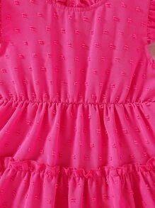 Young Girl Swiss Dot Ruffle Sleeve Layered Hem Dress - Hot Pink - View 3