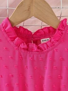 Young Girl Swiss Dot Ruffle Sleeve Layered Hem Dress - Hot Pink - View 4