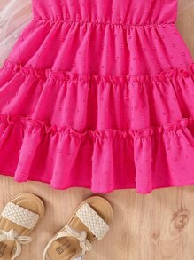Young Girl Swiss Dot Ruffle Sleeve Layered Hem Dress - Hot Pink - View 5