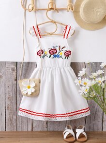 Toddler Girls Floral Embroidery Ruffle Trim Cami Dress - White - View 1